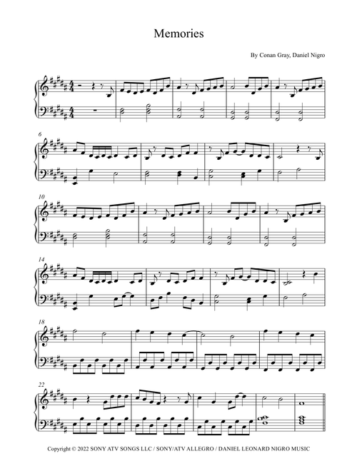 Memories (Arr. Lydia Wills) - Conan Gray (Piano Solo)