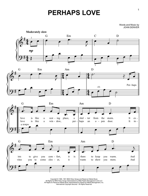 Perhaps Love - John Denver and Placido Domingo (Very Easy Piano)