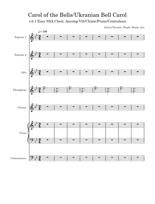 Carol of the Bells – v.6.1 Easy SSA Choir - Simplified Lyrics - Accomp: Vib/Chime/Piano/Contrabass