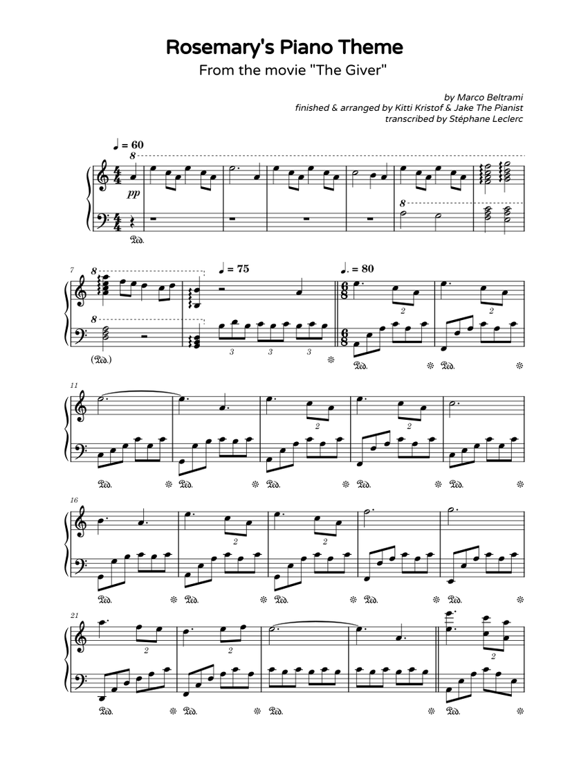 Rosemary's Theme Piano The Giver Sheet music for Piano (Solo