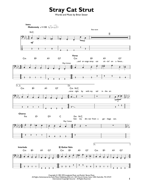 Stray Cat Strut - Stray Cats (Easy Bass Tab)