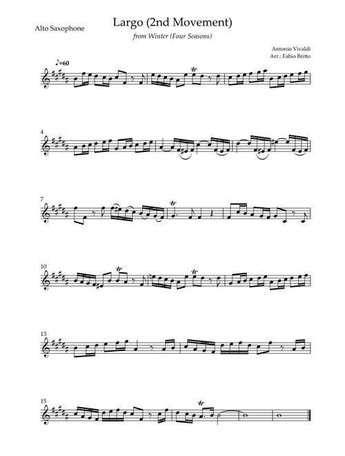 Largo from Winter (Antonio Vivaldi) for Alto Saxophone Solo (Arr. Fabio Britto) (Alto Sax Solo)