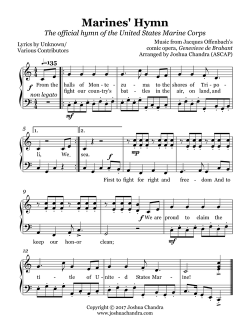 Marines' Hymn (Arr. Joshua Chandra) - Jacques Offenbach (Piano Solo)