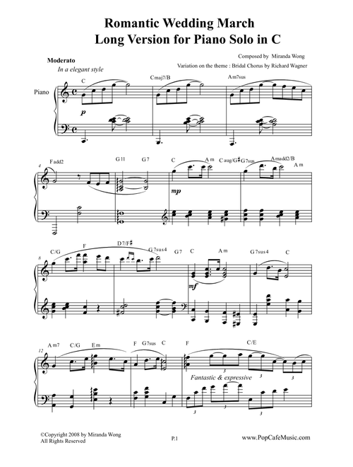 Romantic Wedding March by Miranda Wong - Long Version for Piano Solo in C Key - Wagner & Miranda Wong (Piano Solo)