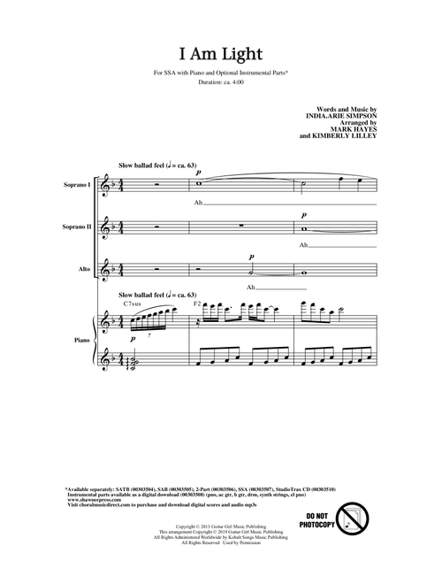 I Am Light (arr. Mark Hayes and Kimberly Lilley) - IndiaArie (Choral, SSA)