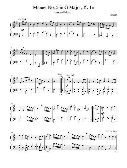 Mozart - Minuet No. 5 in G Major, K. 1e
