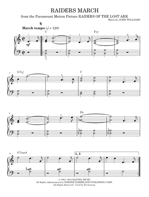 Raiders March - Indiana Jones Trilogy Movie, John Williams (Easy Piano)
