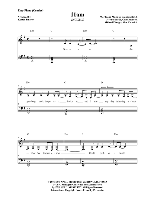 11am (Arr. Kirsten Scherer) - Incubus (Easy Piano)