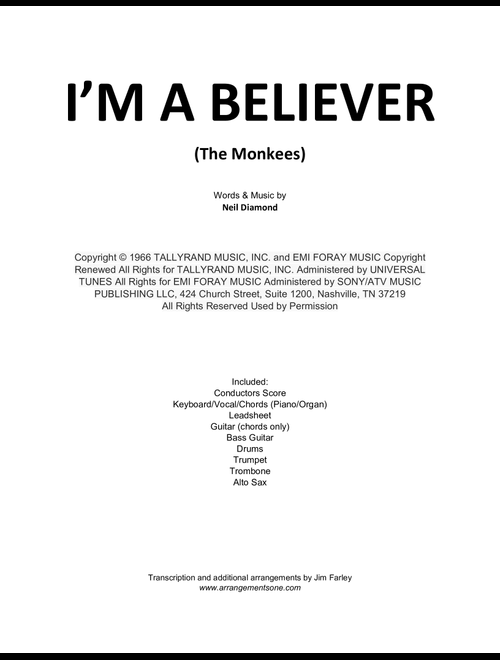 I'm A Believer (Arr. Jim Farley - www.arrangementsone.com) - The Monkees (Small Ensemble)