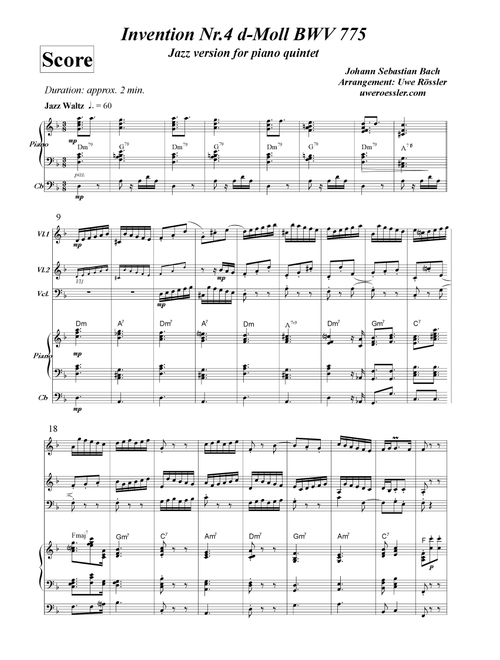 Inventio No. 4 d minor / Invention Nr. 4 d-moll BWV 775 Jazz Waltz (Arr. Uwe Rössler Roessler Rassler) - Johann Sebastian Bach (String Ensemble)