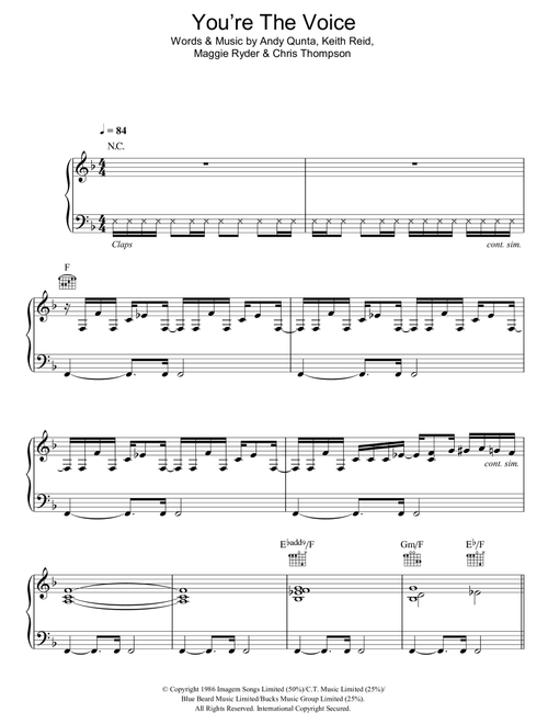 You're The Voice - John Farnham (Piano-Vocal-Guitar (Piano Accompaniment))