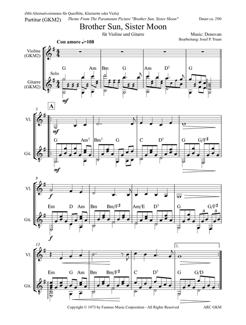 Brother Sun, Sister Moon (Arr. Josef Peter Traun) - Donovan (Small Ensemble)