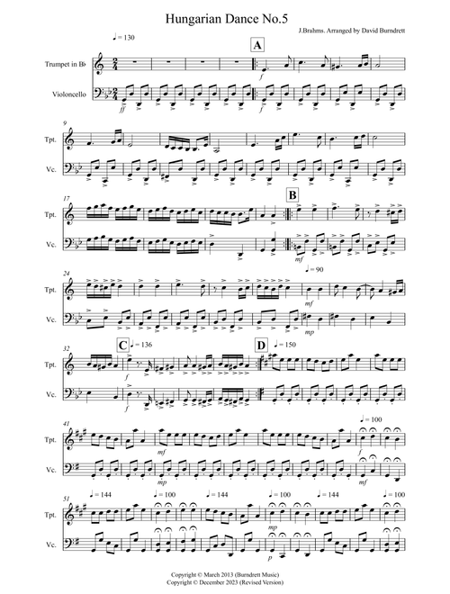 Hungarian Dance No.5 for Trumpet and Cello Duet (Arr. David Burndrett) - Johannes Brahms (Instrumental Duet)