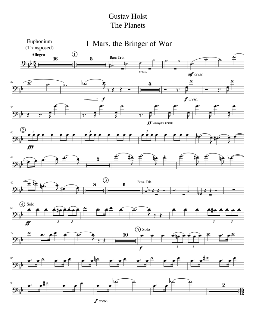 The Planets - Euphonium Bass Clef Transposition Sheet Music for ...