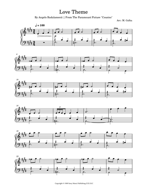 Cousins (Love Theme) (Arr. M. Galka) - Angelo Badalamenti (Piano Solo)