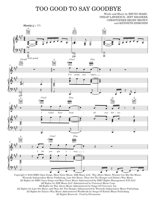 Too good to say goodbye - Bruno Mars (Piano-Vocal-Guitar)