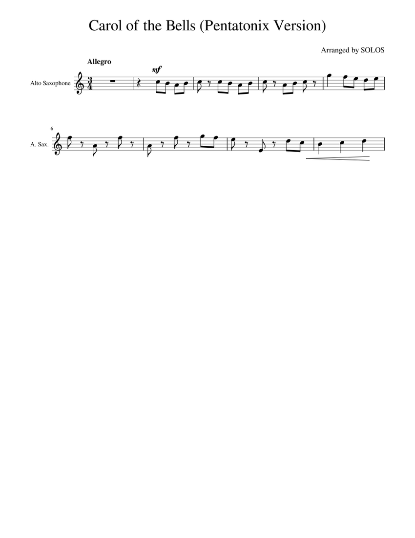 Carol of the Bells Sheet Music for Saxophone alto (Saxophone Ensemble ...