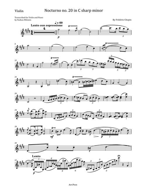 Chopin Nocturne No.20 in C-sharp minor B.49 - For Violin Solo Original (Arr. poon) - Frédéric François Chopin (Violin Solo)
