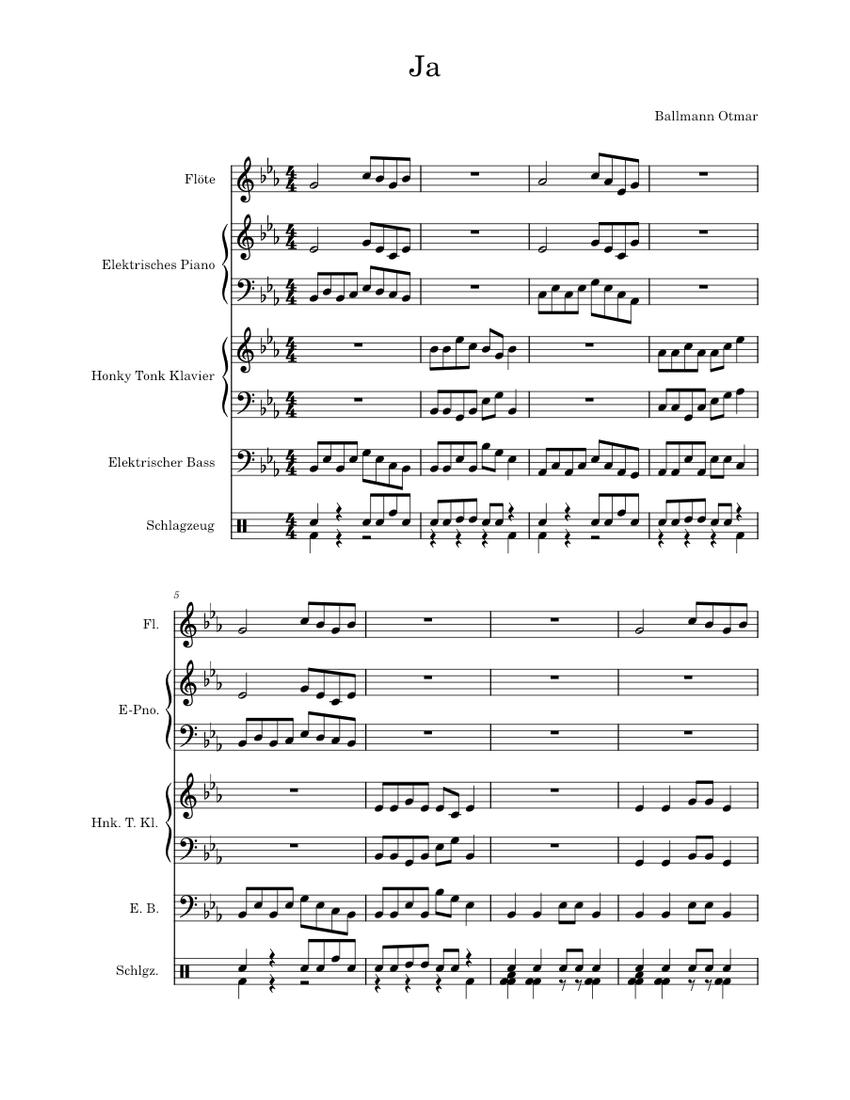 Ja Sheet music for Piano, Flute, Bass guitar, Drum group (Mixed Quintet ...