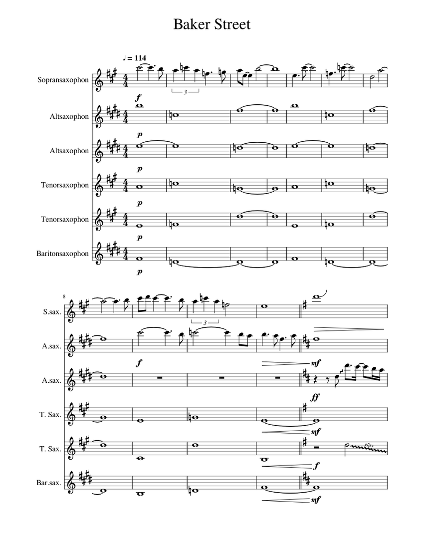 Baker Street for Sax Quintet/Sextet Sheet music for Saxophone alto