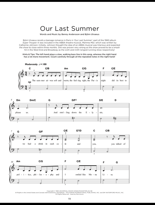 Our Last Summer - ABBA (Really Easy Piano)