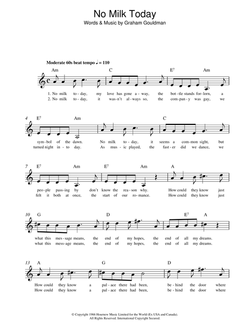 No Milk Today - Herman's Hermits (Lead Sheet - Fake Book)