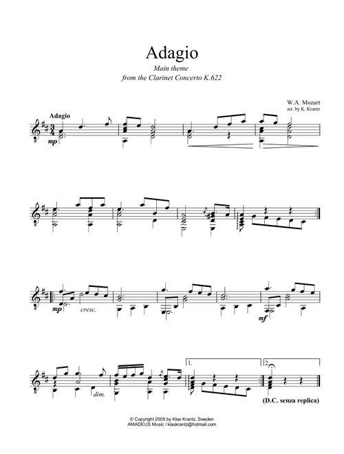 Adagio from the clarinet concerto (theme) for easy guitar solo (Arr. K. Krantz) - W.A. Mozart (Solo Guitar)