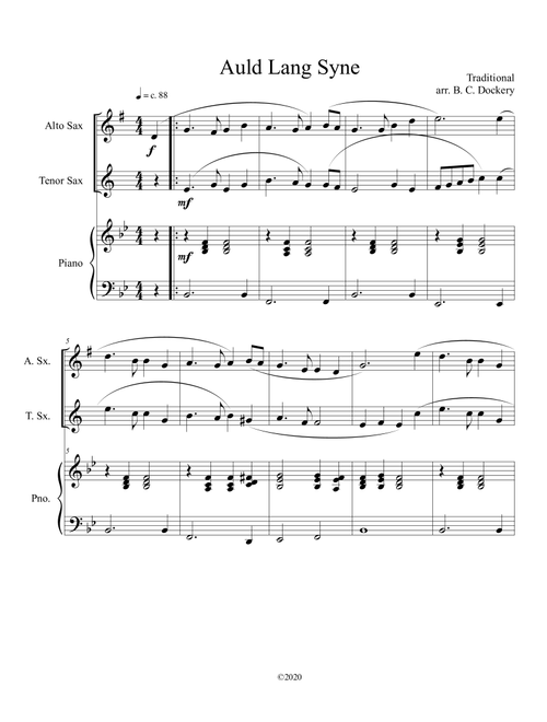 Auld Lang Syne (alto and tenor sax duet) with optional piano accompaniment (Arr. B. C. Dockery) - Traditional (Instrumental Duet and Piano)