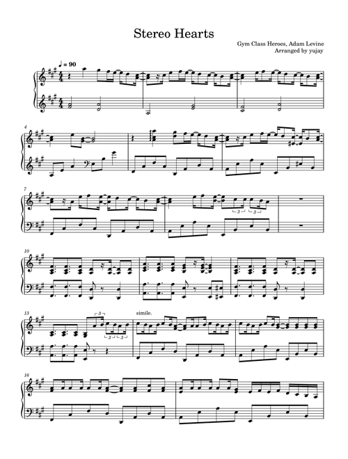 Stereo Hearts (Arr. yujay) - Gym Class Heroes Featuring Adam Levine (Piano Solo)
