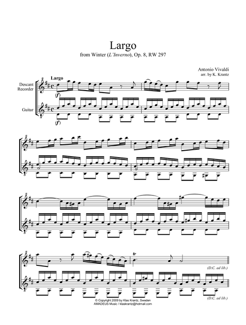 Largo from Winter (L'Inverno) for descant recorder and guitar (Arr. K. Krantz) - A Vivaldi (Instrumental Duet)