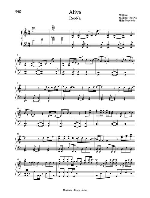 Alive (Arr. Mopianic) - ReoNa (Piano-Vocal-Guitar (Piano Accompaniment))