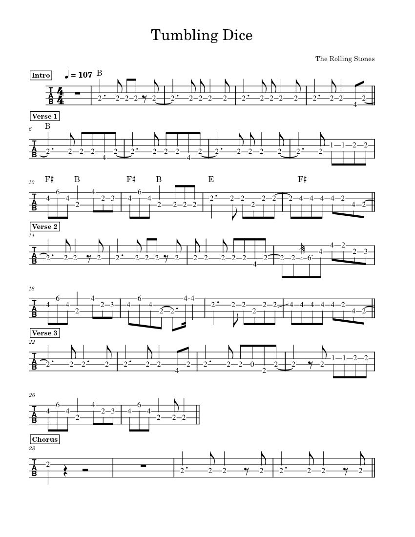 Tumbling Dice - The Rolling Stones Sheet Music and Tab with Chords