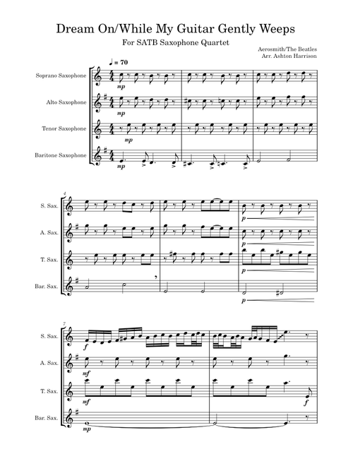 Dream On – Aerosmith /While My Guitar Gently Weeps for SATB Saxophone Quartet.