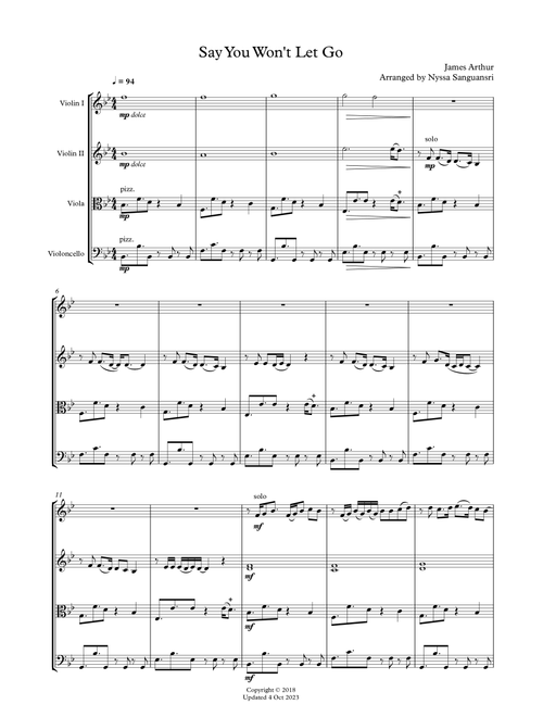 Say You Won't Let Go (Arr. Nyssa Sanguansri) - James Arthur (String Quartet)