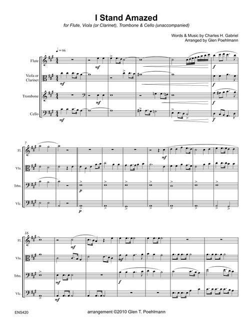 I STAND AMAZED (My Savior's Love) - Mixed Quartet of Flute, Viola (or Clarinet), Trombone & Cello (u (Arr. Glen Poehlmann) - Charles H. Gabriel (Large Ensemble)