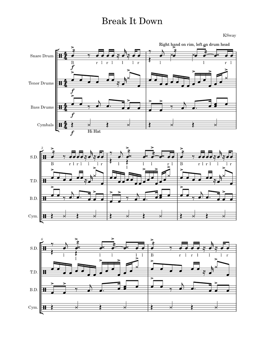 Break It Down Sheet Music For Snare Drum Crash Tenor Drum Bass Drum