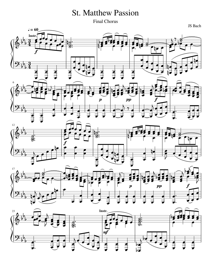 JS Bach - St Matthew Passion - Final Chorus Sheet Music for Piano