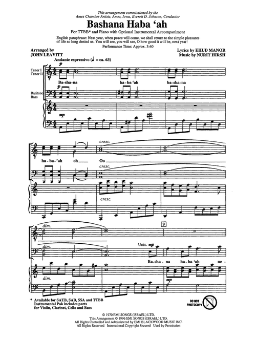 Bashana Haba'ah (arr. John Leavitt) - Nurit Hirsh (Choral, TTBB)