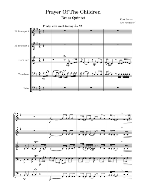 Prayer of the Children  – Kurt Bestor , Arranged for Brass Quintet (Arensdorf)