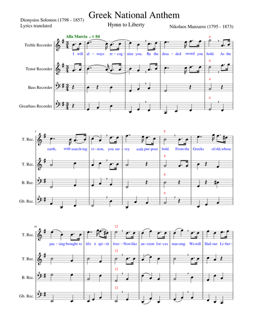 Greek National Anthem Score with Engish Translation