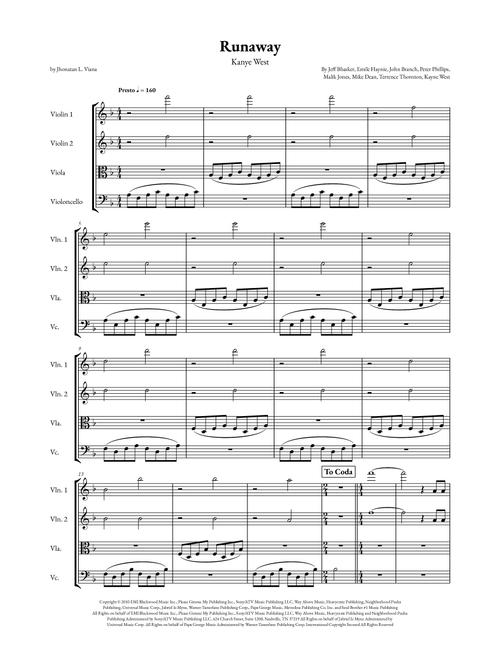 Runaway (Arr. Jhonatan Lucio Viana) - Kanye West (String Quartet)