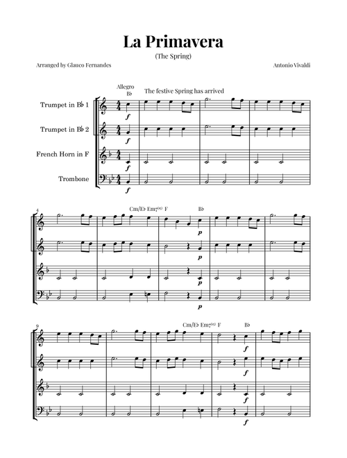 La Primavera (The Spring) by Vivaldi - Brass Quartet with Chord Notations (Arr. Glauco Fernandes) - Antonio Vivaldi (Brass Ensemble)