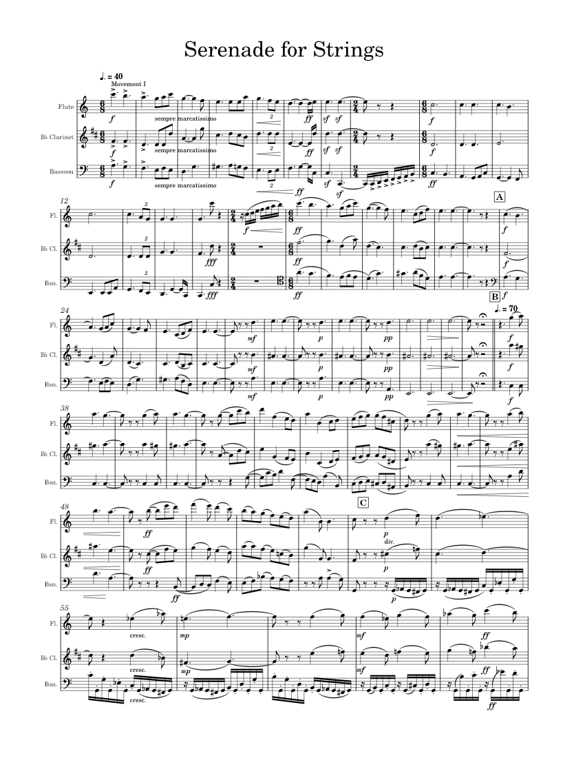 Serenade for Strings Woodwind Trio Sheet music for Flute, in bflat, Bassoon (Woodwind
