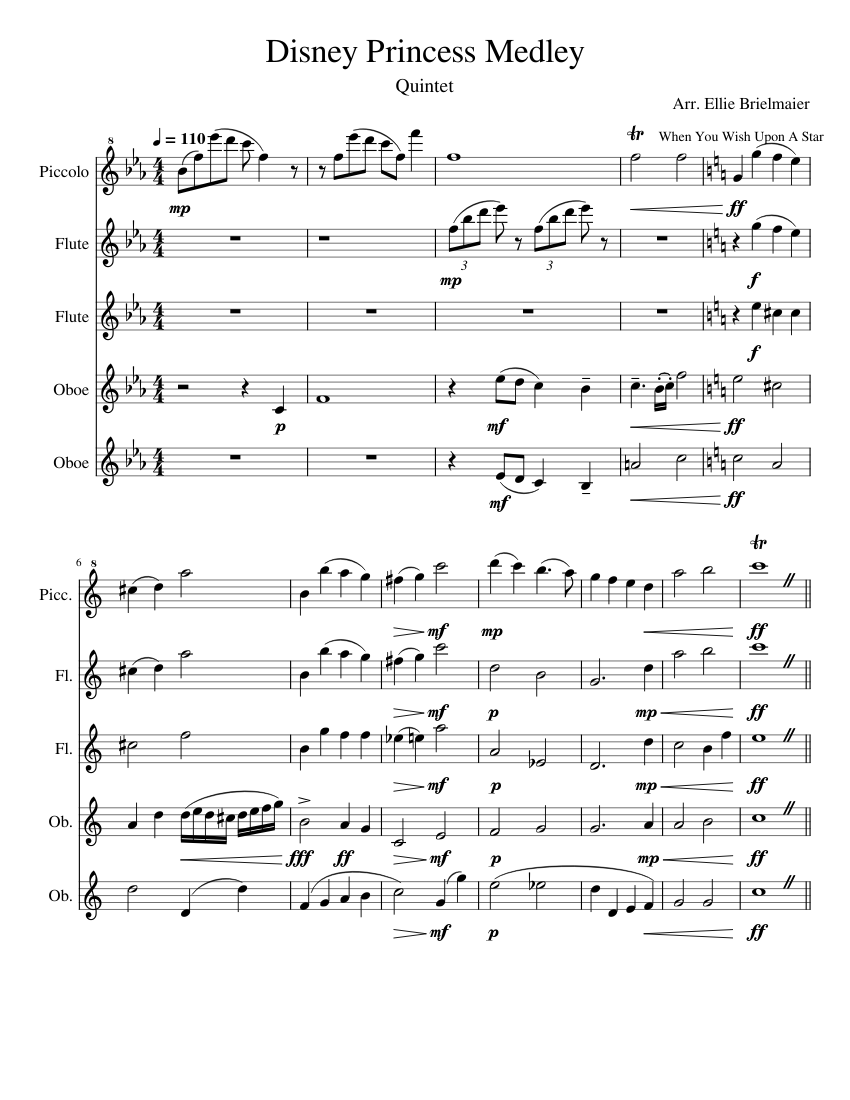 Disney Medley Sheet Music For Flute Piccolo Flute Oboe Woodwind