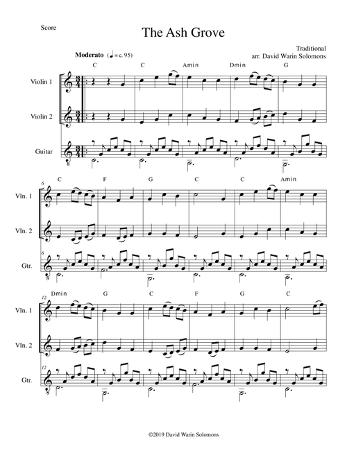 The Ash Grove (Llwyn Onn) for 2 violins and guitar (Arr. David Warin Solomons) - Traditional (Instrumental Duet)