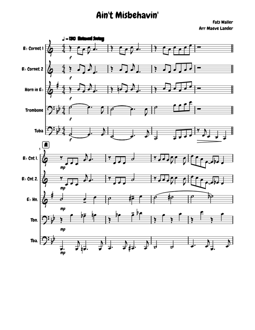 Ain't Misbehavin' Sheet Music for Cornet, Tuba, Trombone tenor