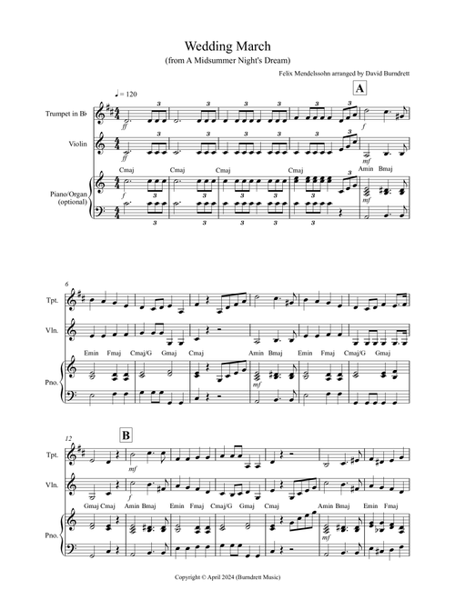 Wedding March (from A Midsummer Night's Dream) for Trumpet and Violin Duet (Arr. David Burndrett) - Felix Mendelssohn (Instrumental Duet)