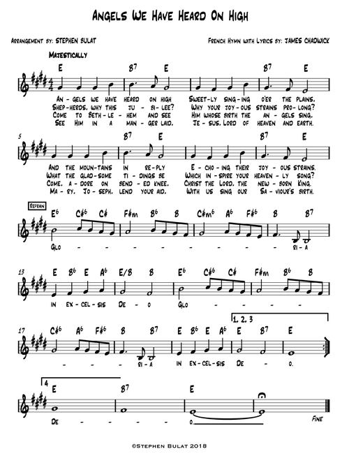 Angels We Have Heard On High - Lead sheet (melody, lyrics & chords) in key of E (Arr. Stephen Bulat) - Hymn (Piano-Vocal-Guitar)