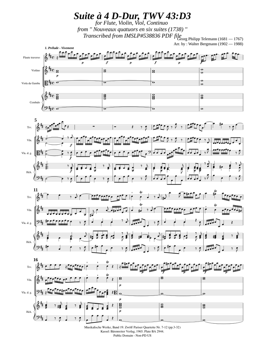 G・P TELEMANN QUATRE CONCERTOS 83 Telemann, G. P. _ 7. Suite à 4 D-Dur, TWV 43:D3 Sheet Music