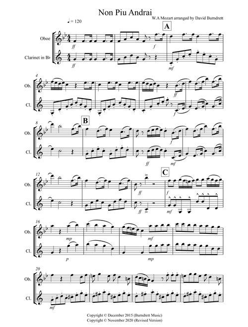 Non Più Andrai for Oboe and Clarinet Duet (Arr. David Burndrett) - W.A Mozart (Instrumental Duet)